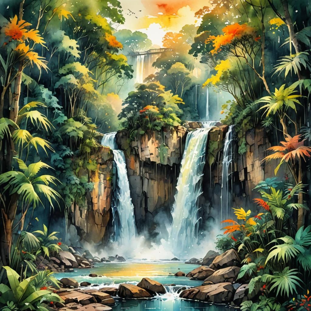 Jungle Waterfall: Colorful Watercolor Sketch in Splash Art S...