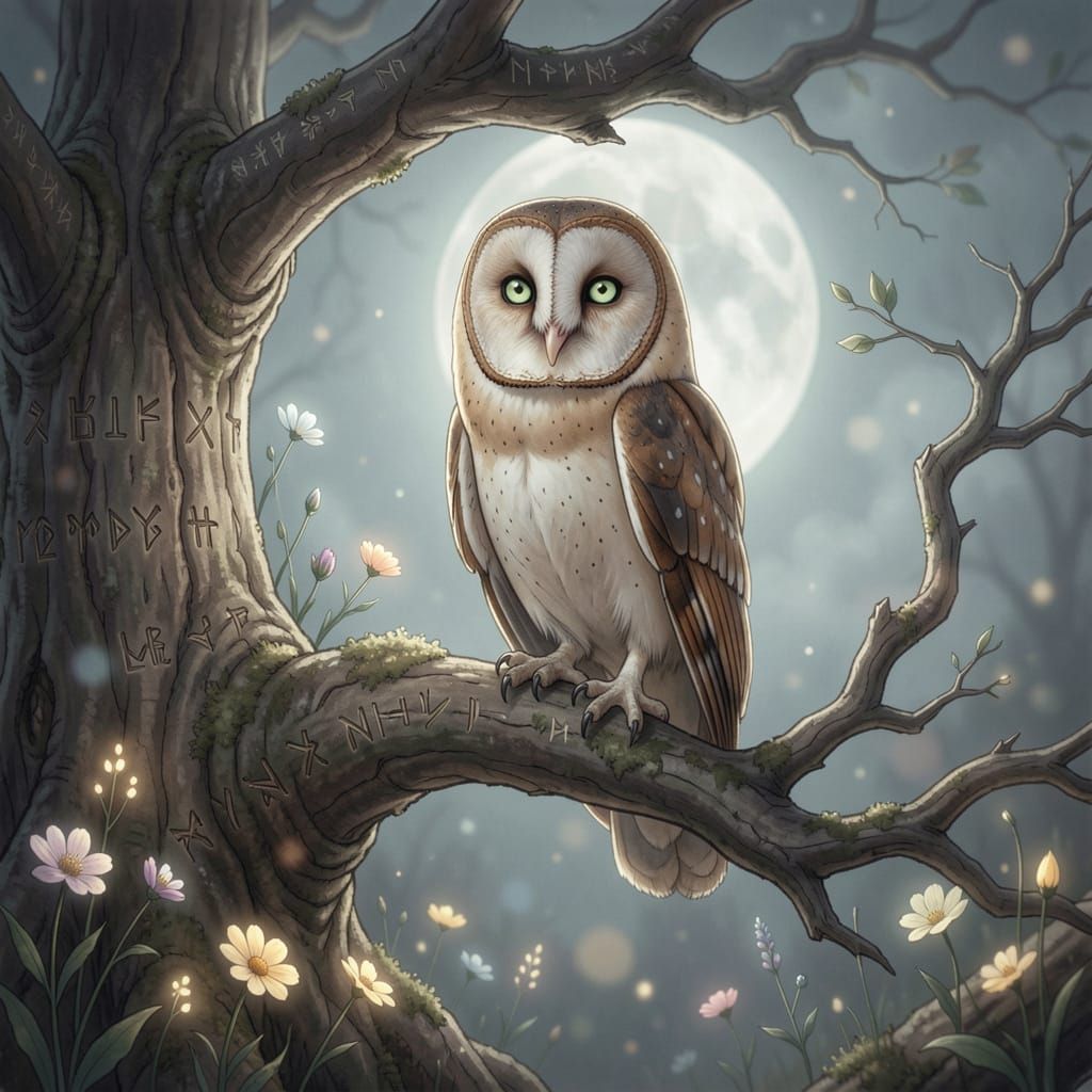 Majestic Barn Owl on Ancient Branch in Ethereal Moonlight