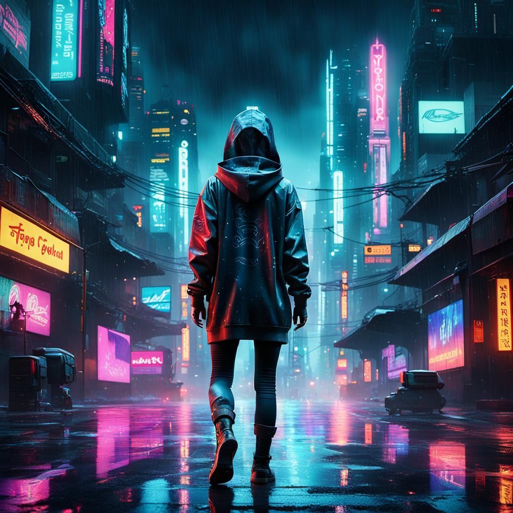 Rainy Cyberpunk Cityscape with Girl in Hoodie