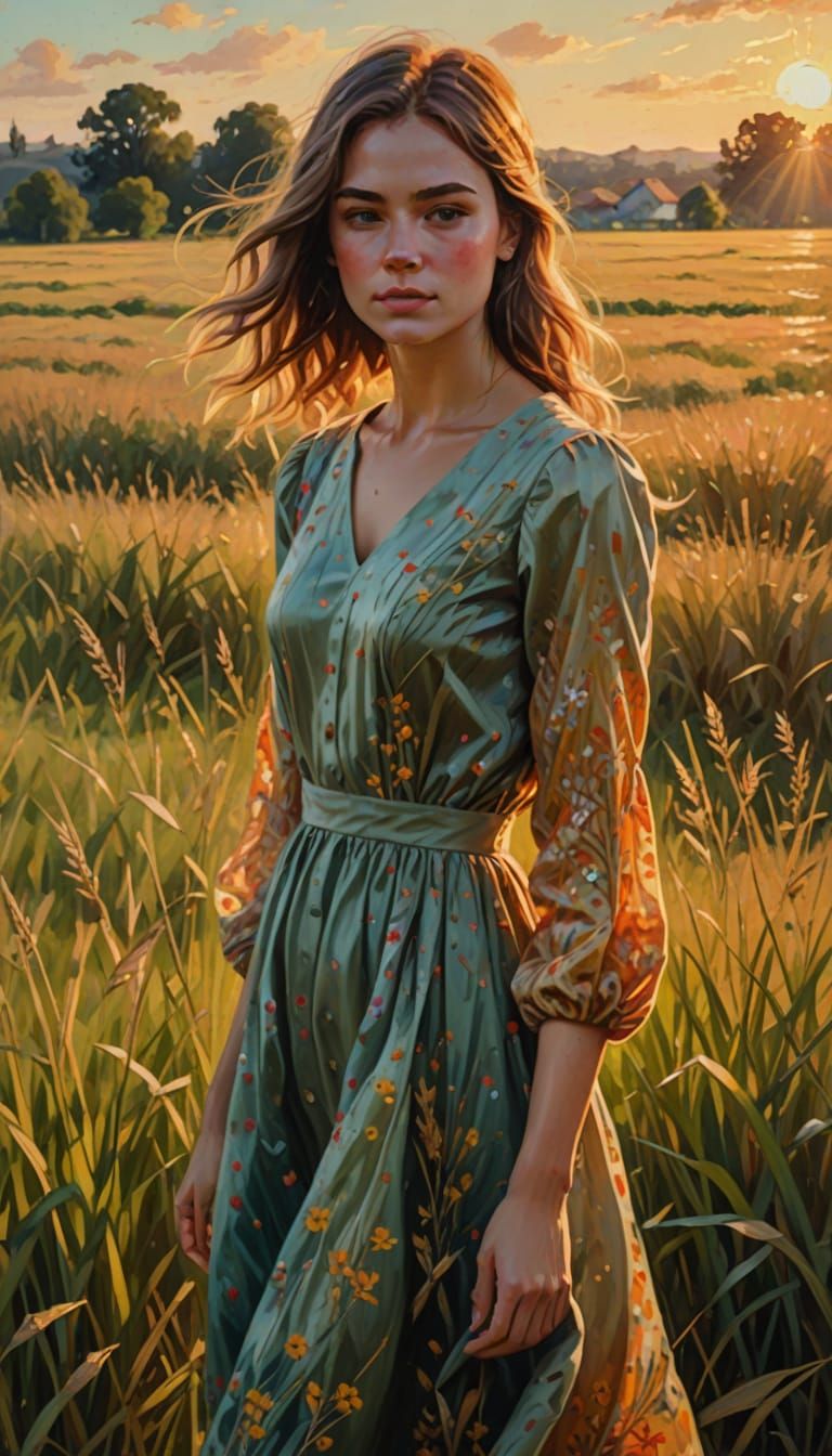 Girl in Field: Impressionist Oil Painting