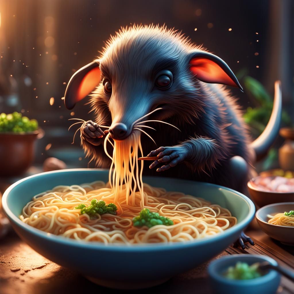Cute Ant eater slurping up ramen noodles
