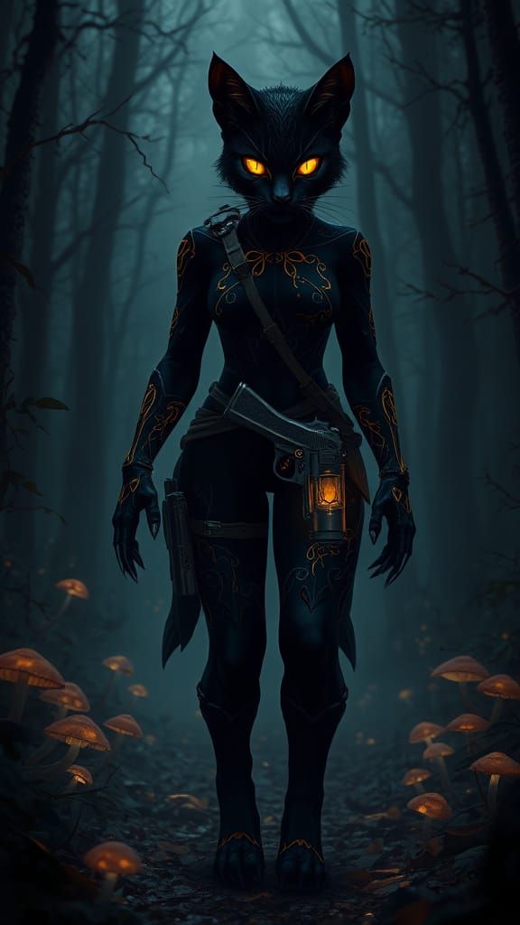 Feline Warrior Emerges from Dark Fantasy Forest