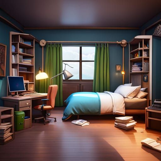 Cartoon Student Bedroom: Relaxed Messy Interior