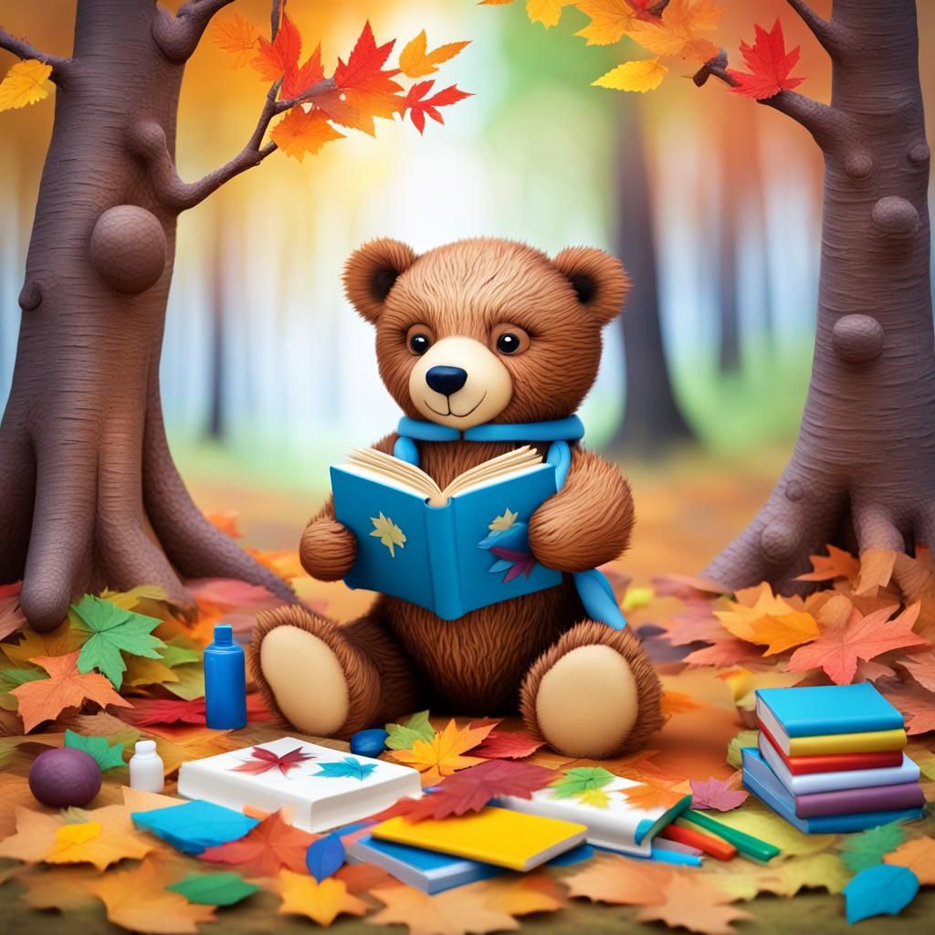 Toy Bear Doctor Reads Books Under a Tree