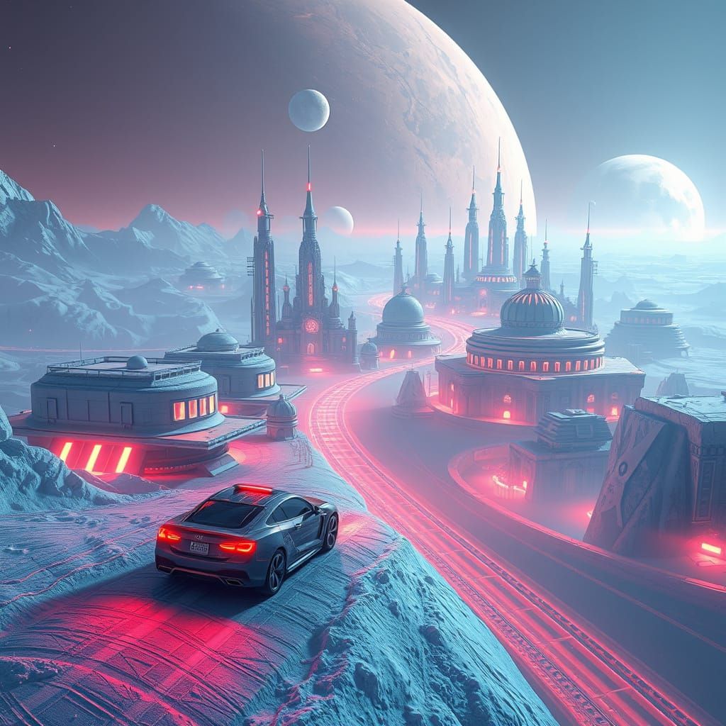 Snowy Sci-Fi City on Mars in Solarpunk Style