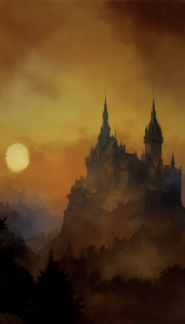 Mystical Foggy Castle Landscape at Sunset