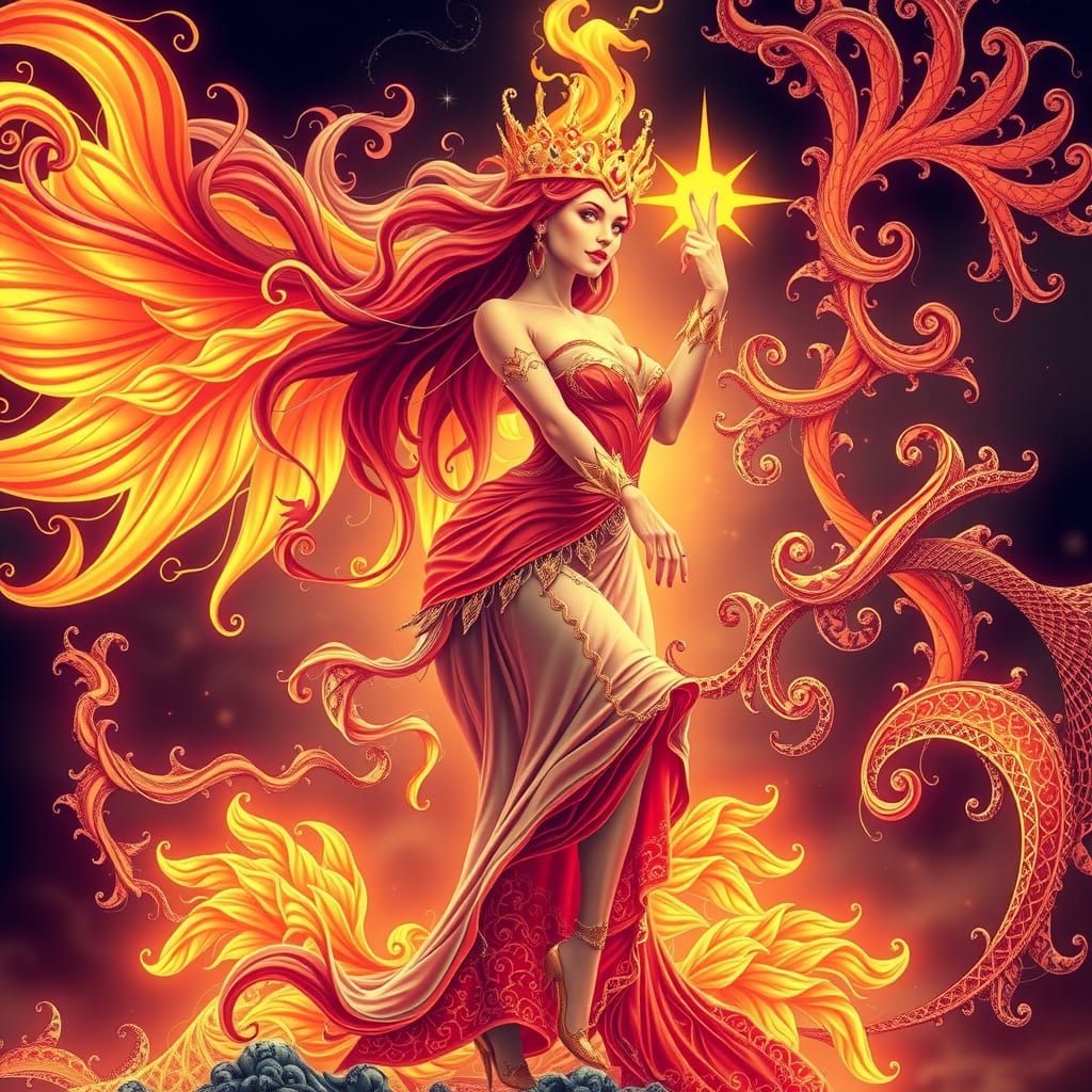 Ethereal Fire Goddess in Vibrant 3D Digital Art