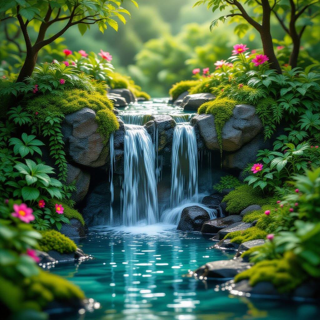 Breathtaking Waterfall in Miniature Garden, Hyperrealistic D...