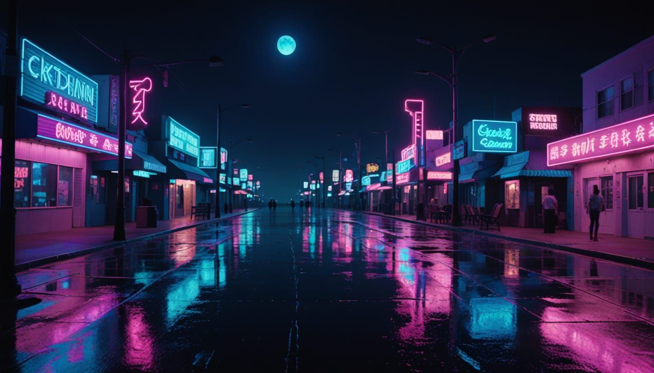 Mysterious Seaside Boulevard at Night in Neon Glow