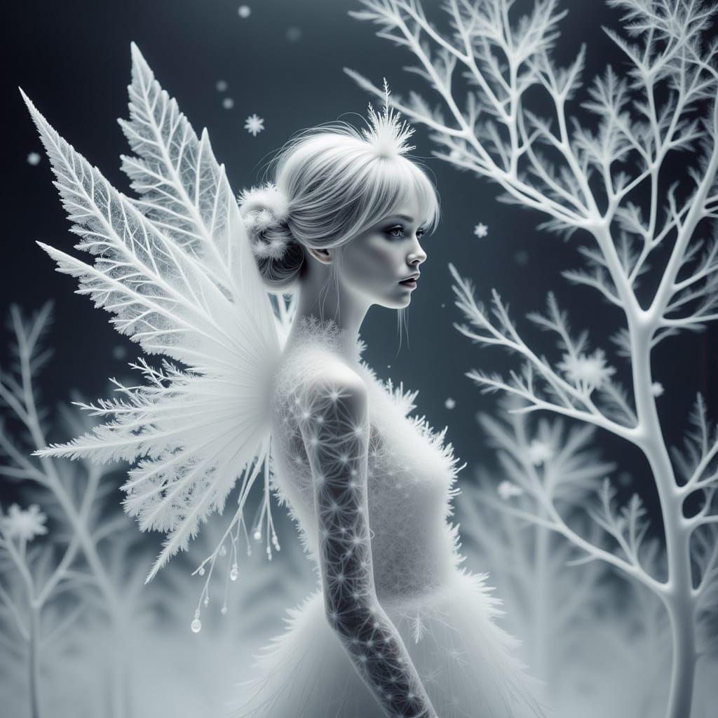 Snow Fairy Woman in Winter Wonderland, Infrared Black and Wh...