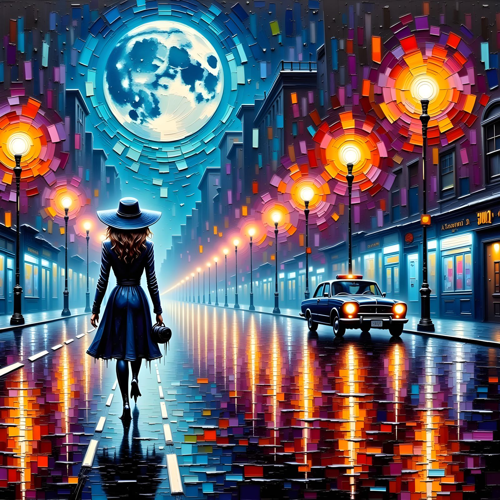 Woman in Rainy City Night, Moody Impasto Painting