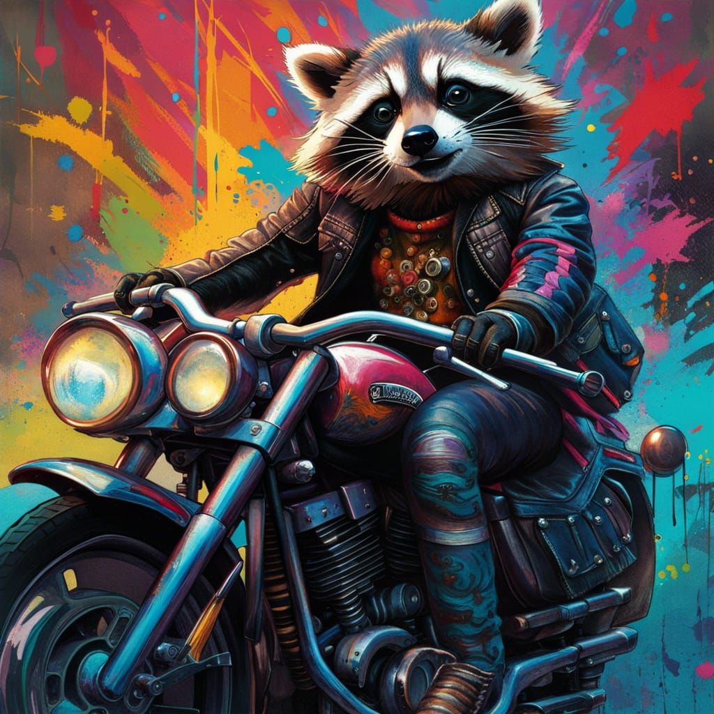 Raccoon Biker on Harley Davidson in Splash Art