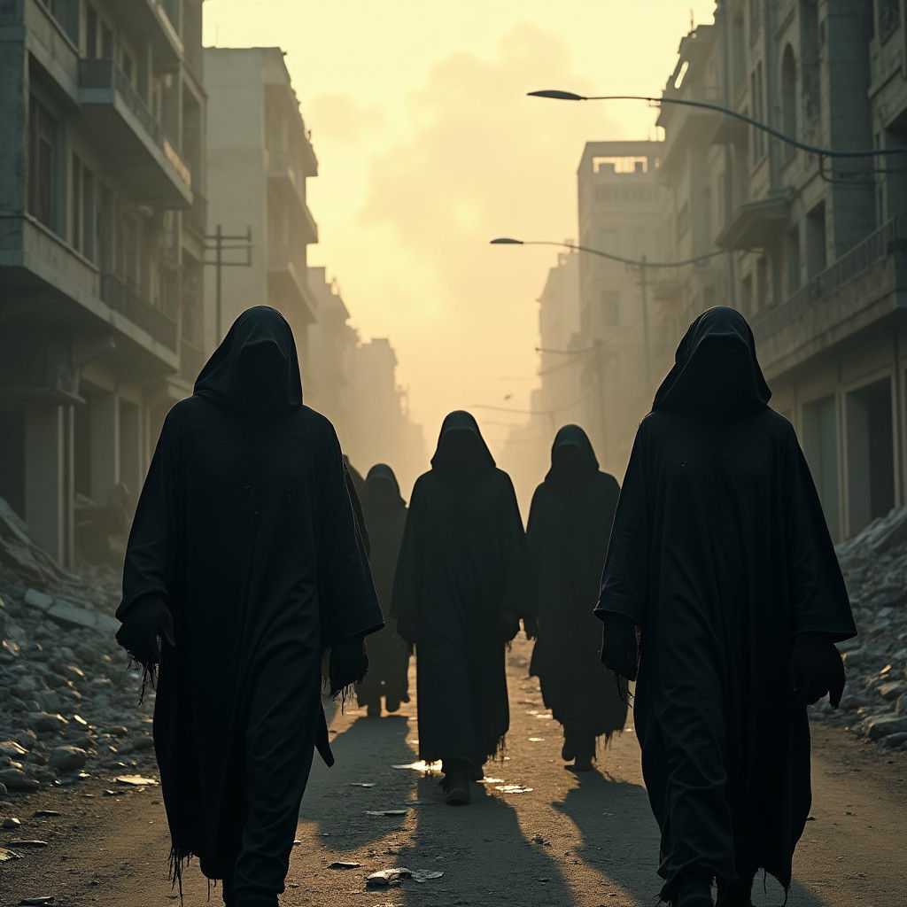 Ominous Figures in Ruined City: A Dystopian Vision