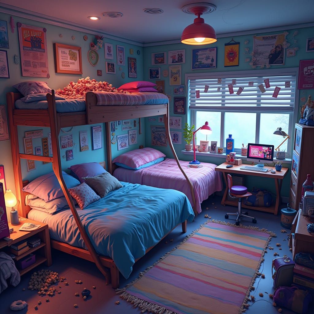 Chaotic Teen Bedroom with Bunk Bed, Digital Art