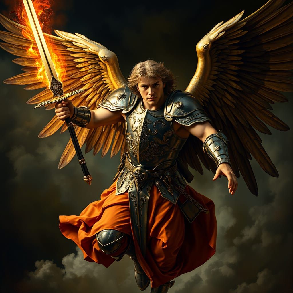 Majestic Renaissance Angel Descends with Flaming Sword in St...