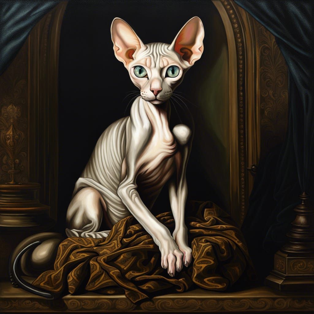 Baroque Portrait of a Sphinx Cat with Heterochromia
