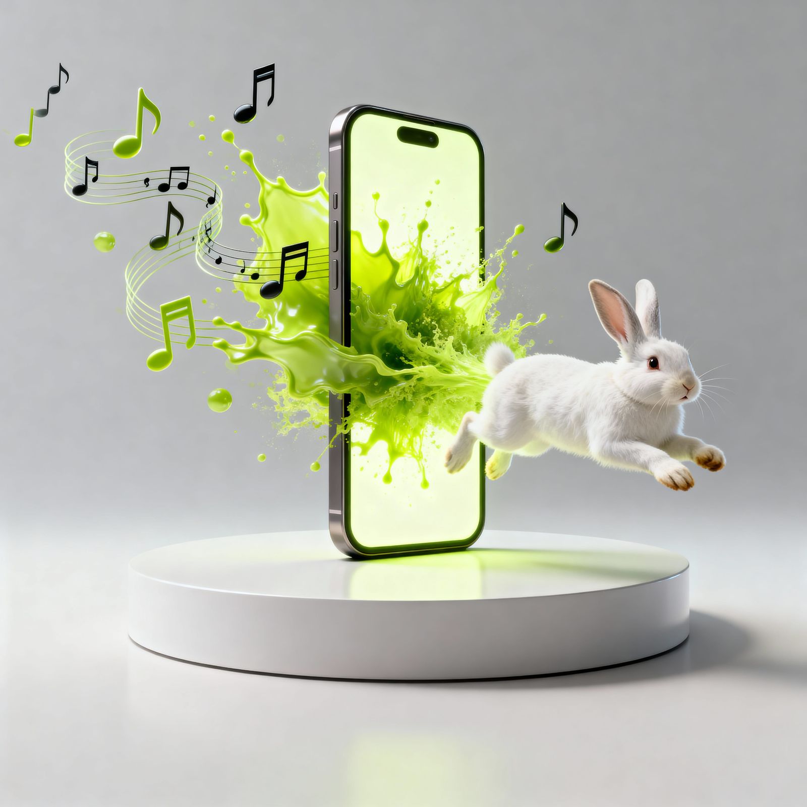 Rabbit Leaping From Glowing Phone With Green Liquid Burst