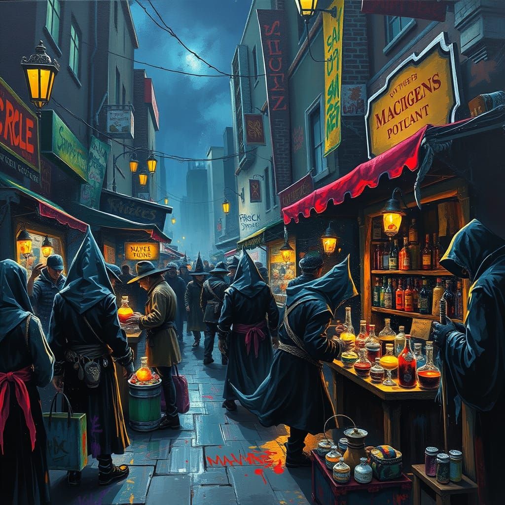 Vibrant Street Market Unfolds in Cyberpunk Splendor
