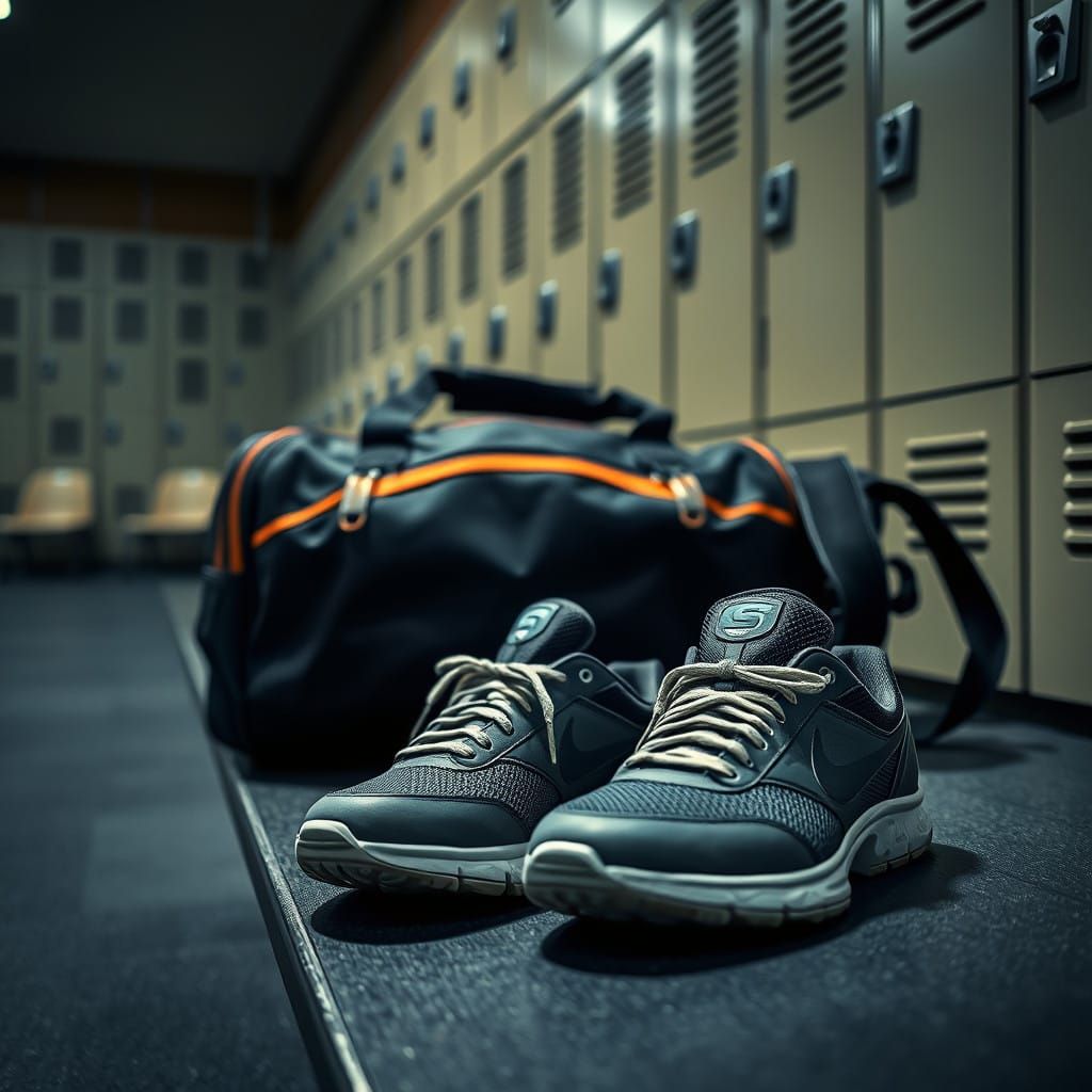 Tennis Shoes and Gym Bag in a Locker Room