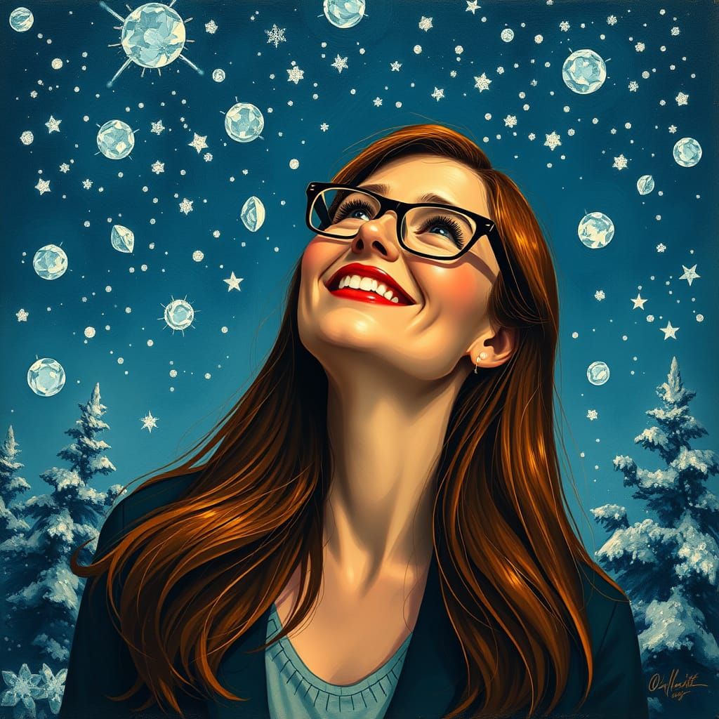 Stylish Woman Looks Up at Starry Night Sky in Snowy Serene L...