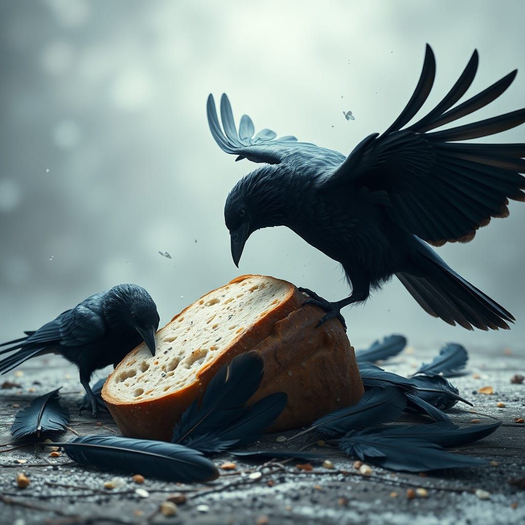 Majestic Black Crows Engage in Fierce Bread Battle, Shrouded...