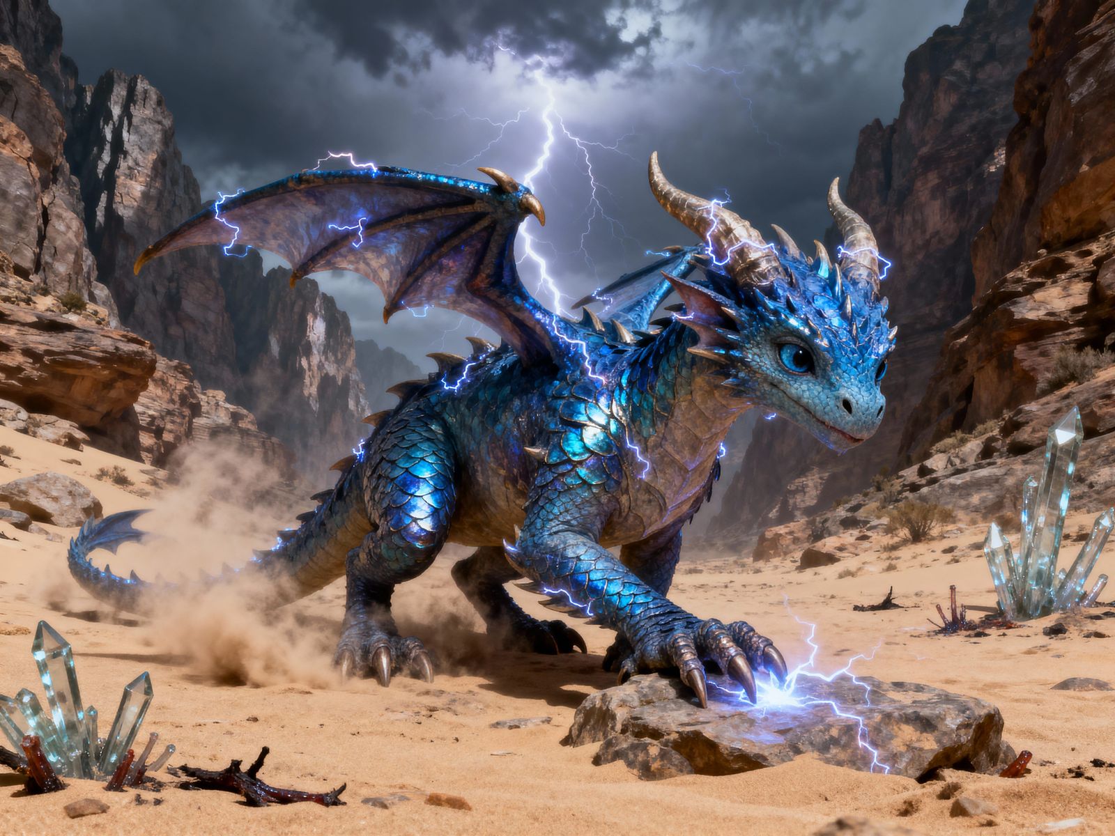 Young Blue Dragon Whelp in Stormy Canyon
