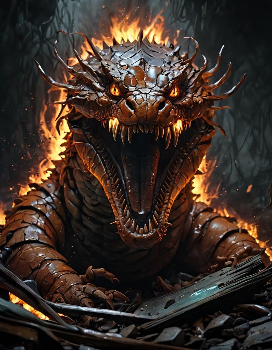 Viper Parasitic Pit tornadic dynamic lighting, broken shards of glass, rusted monochromatic grotesque storybook illustra...