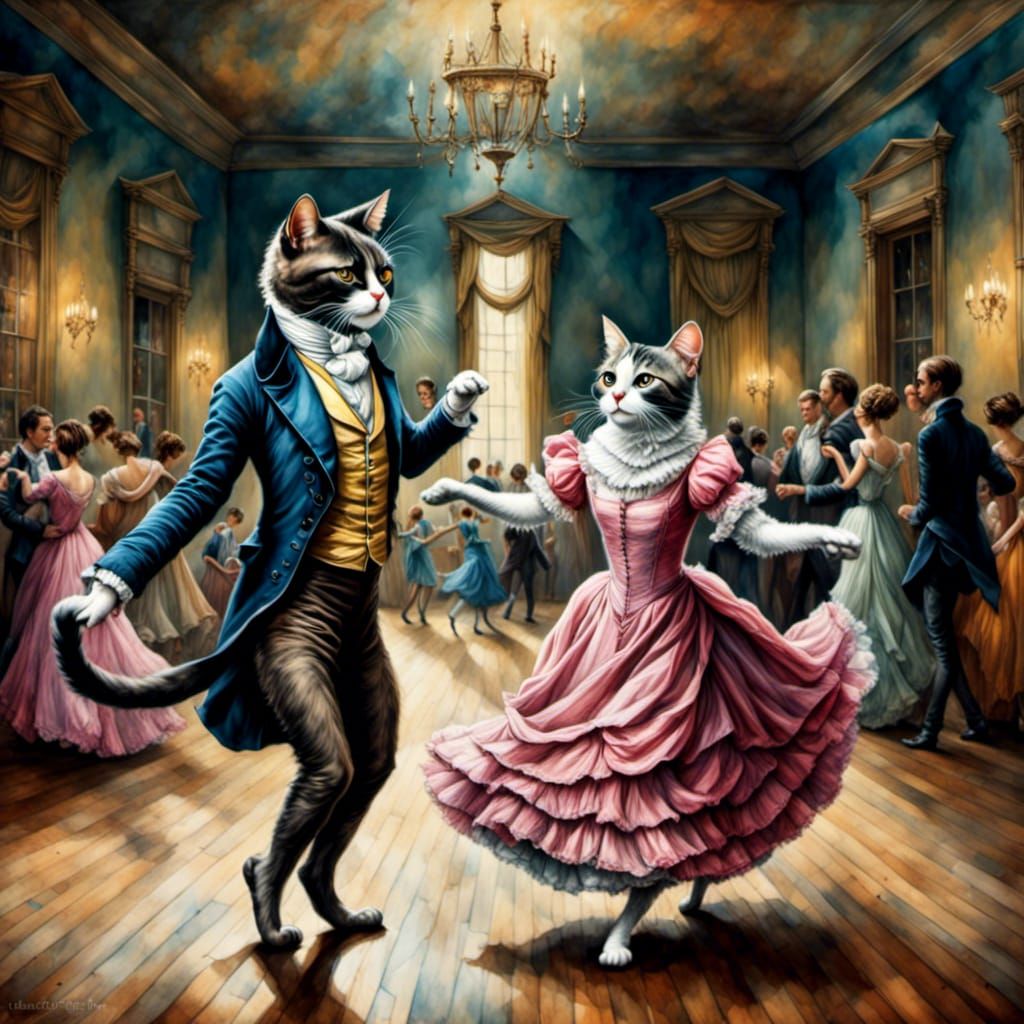 Cats as Mr. Darcy and Elizabeth Bennet in Ballroom