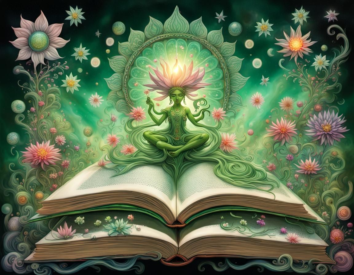 Green Tara Rising from Book, in Candy Art Style