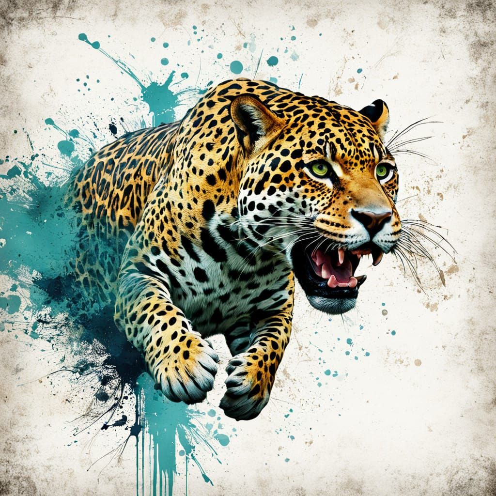 Vibrant Jaguar in Dynamic Leap, Grunge-Inspired Digital Art