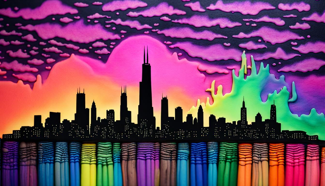 Chicago Skyline in Waxy Crayon Blacklight Style