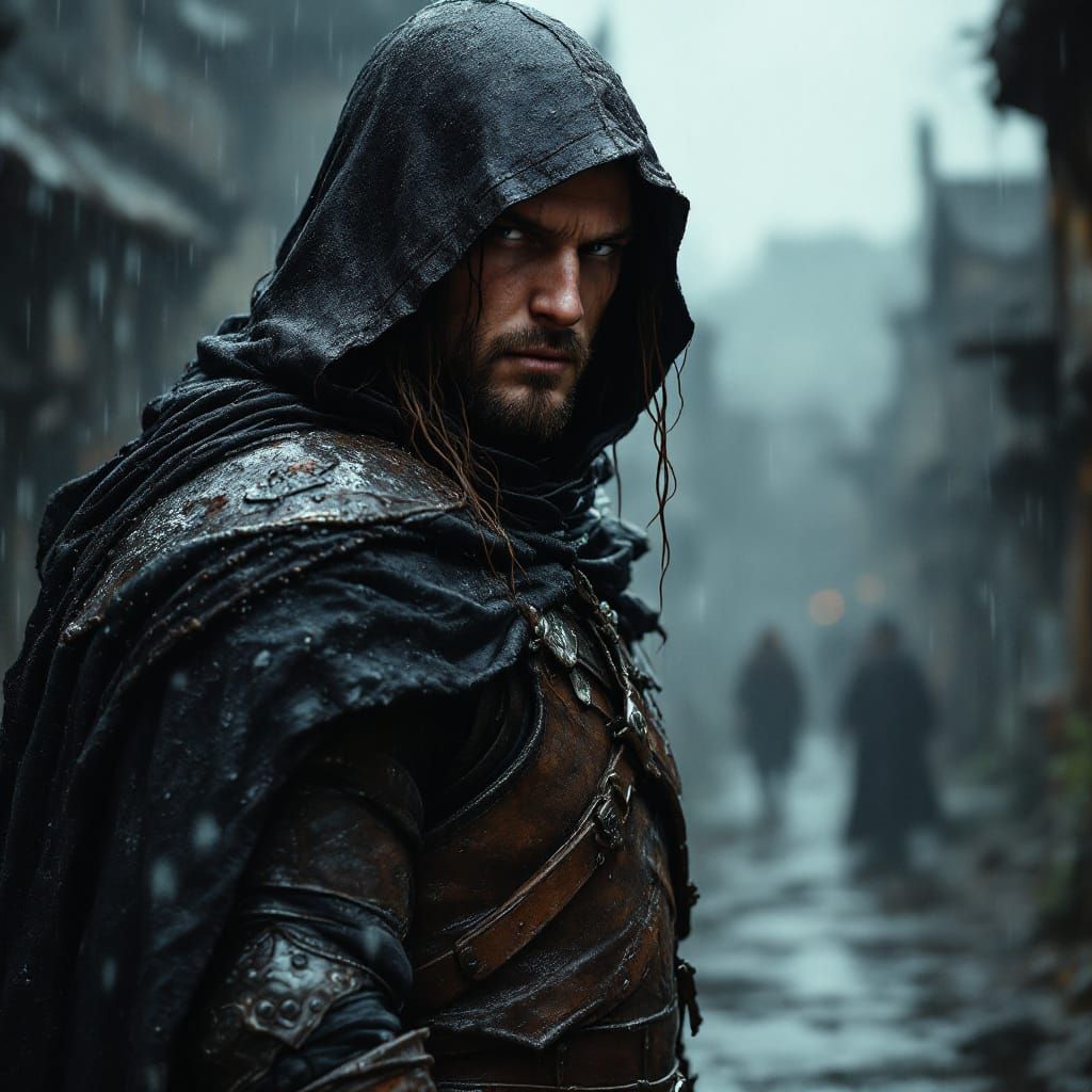 Brooding Warrior in Rain-Soaked Village