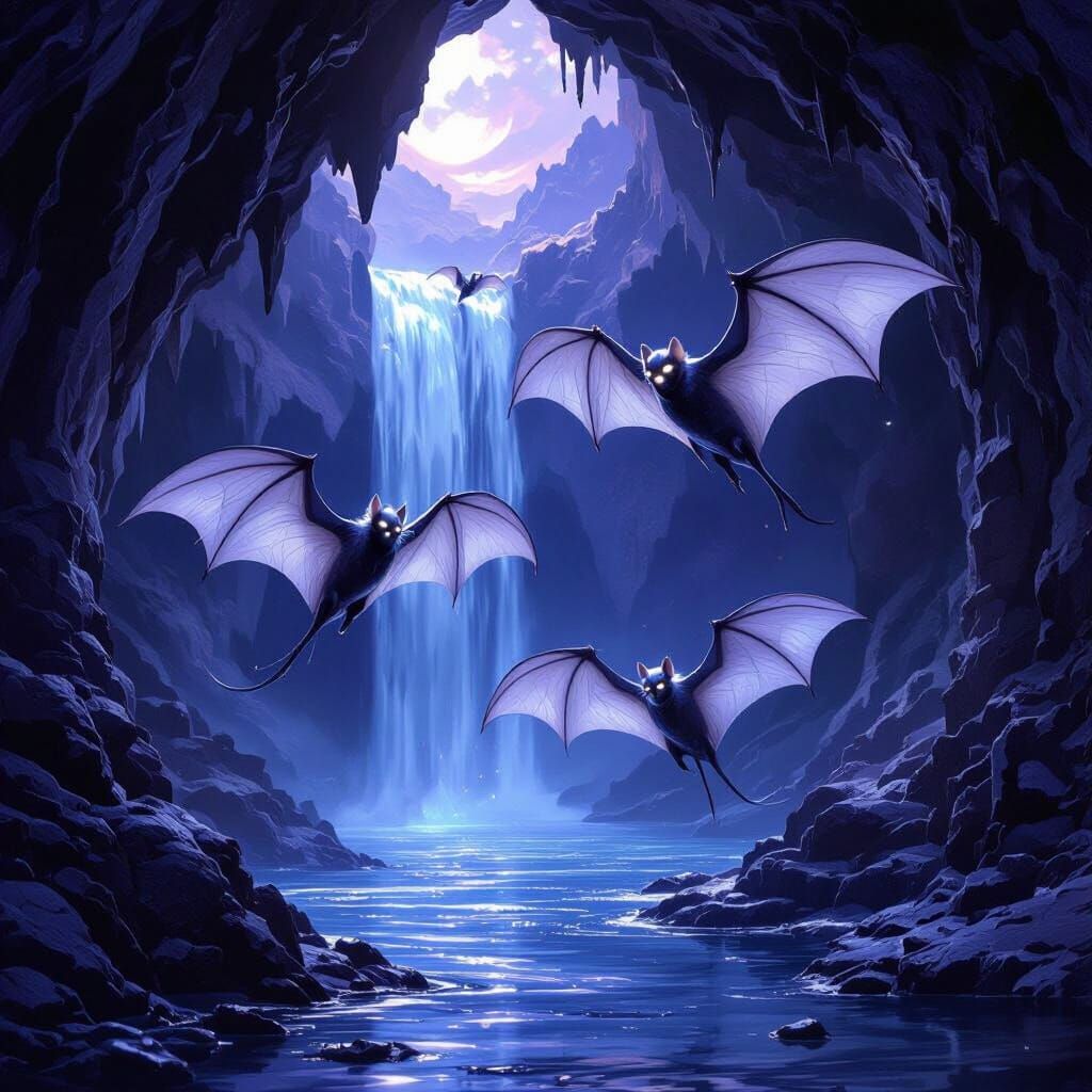 Moonstone Bats Soaring at Dusk in Art Nouveau Style