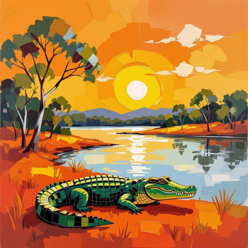 Crocodile in Orange Australian Impasto Landscape