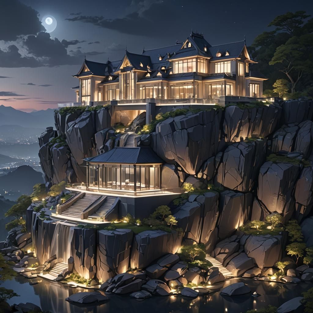 Glass Mansion on Rock, Anime-Inspired 3D Render