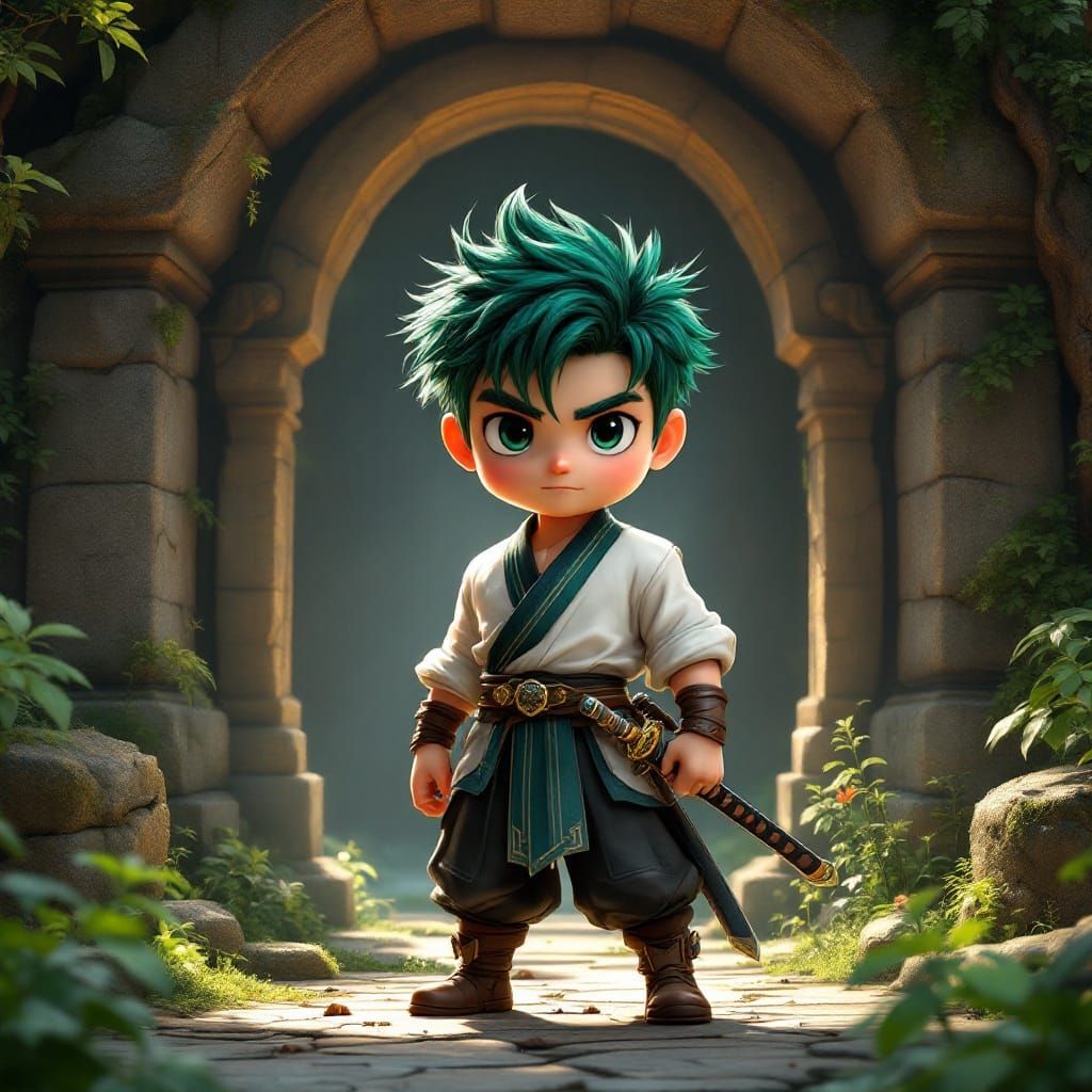 Chibi Swordsman in Ancient Shrine, Embodied in Whimsical CGI...