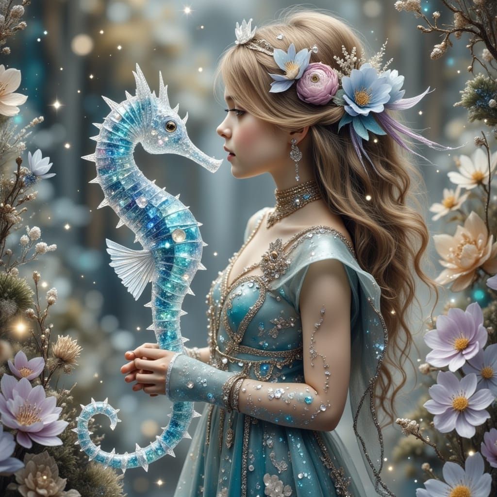 Surreal Girl and Seahorse Made of Celestial Crystals