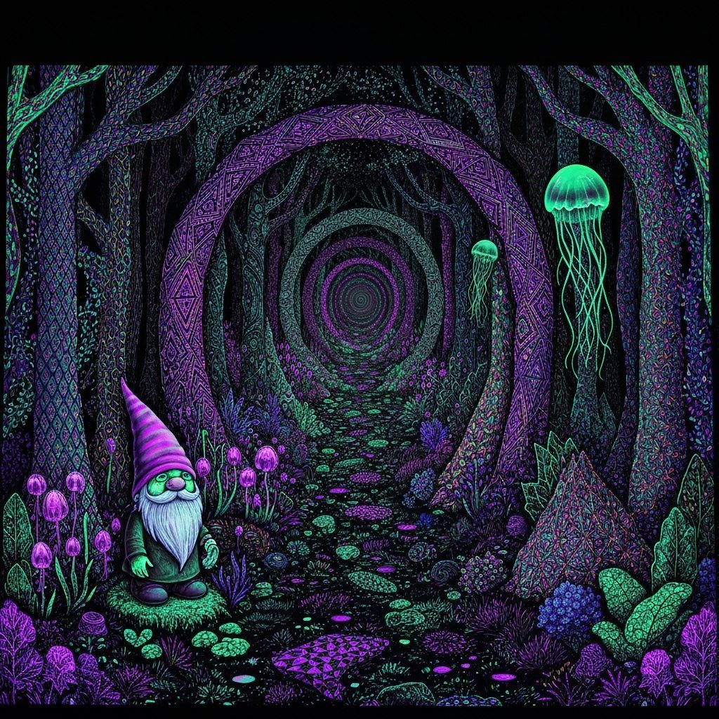 Bioluminescent Forest Gnome with Fairy-Jellyfish in Ultravio...