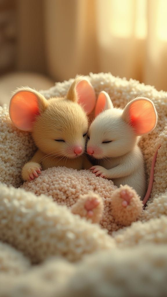 Mice Cuddling Teddy Bear in Cozy Bed
