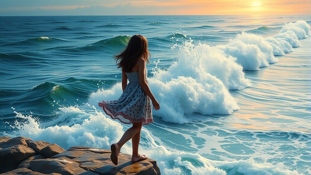 Girl Walking on Embankment, Hyperrealistic Splash Art