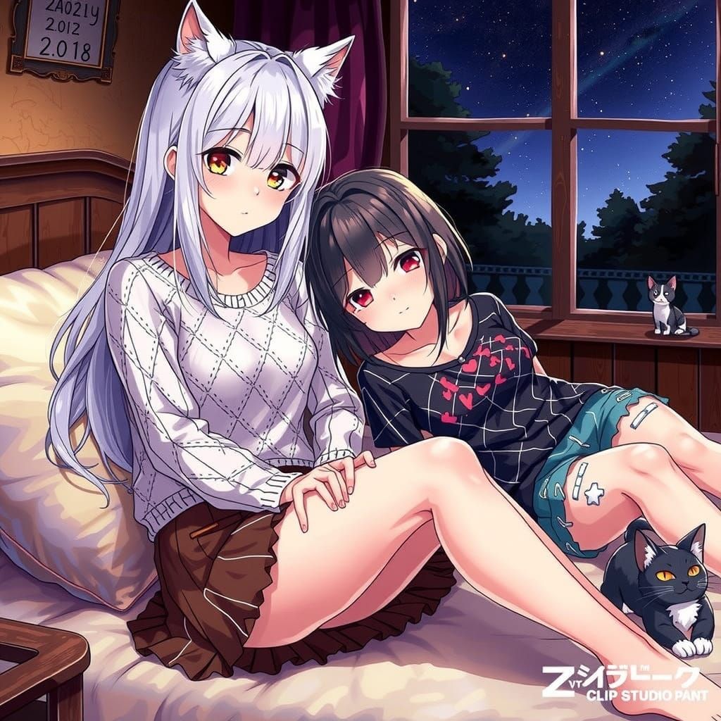 Anime Girls with Wolf Ears in Cozy Room, Studio Trigger Styl...