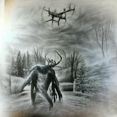 Menacing Wendigo in Charcoal Drawing