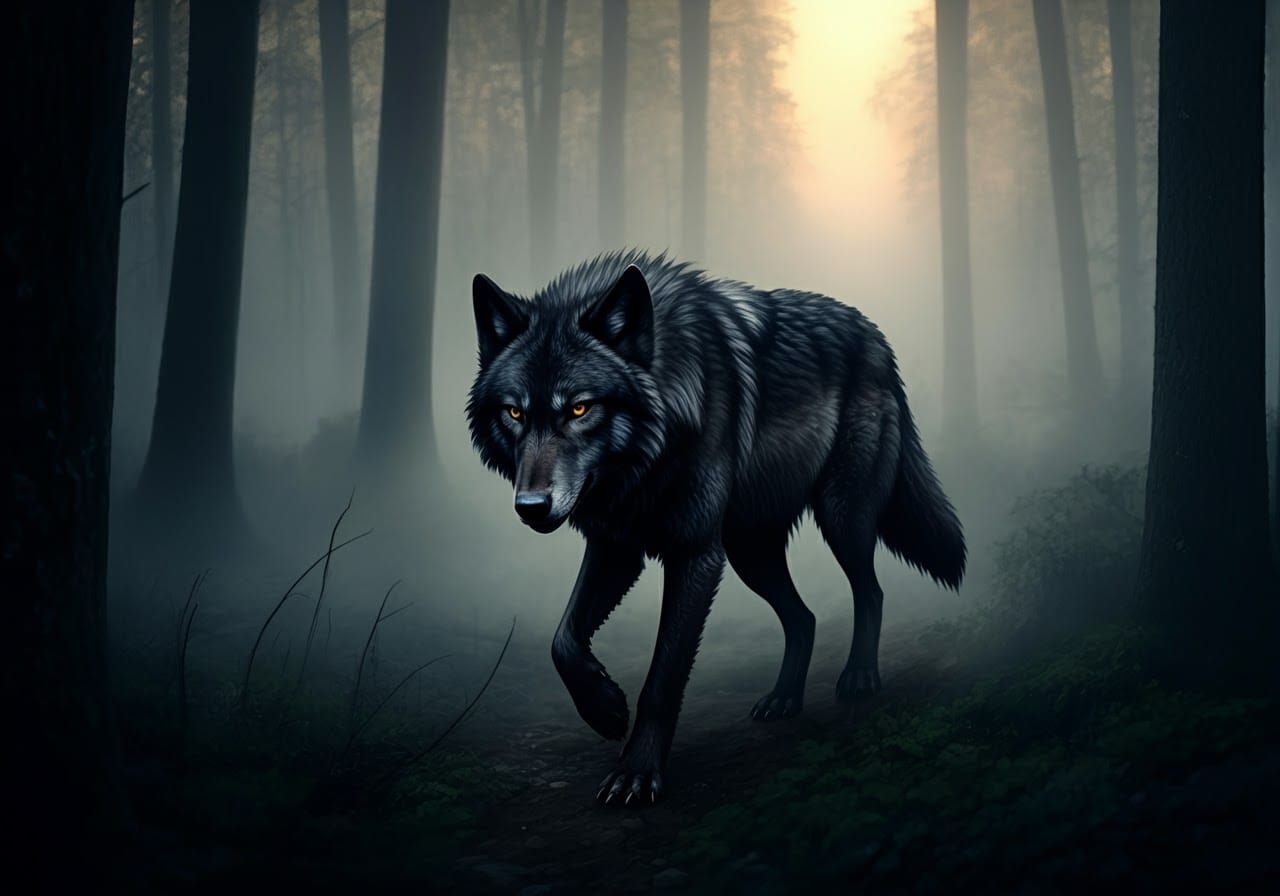 Mystical Black Wolf in Misty Forest at Dawn