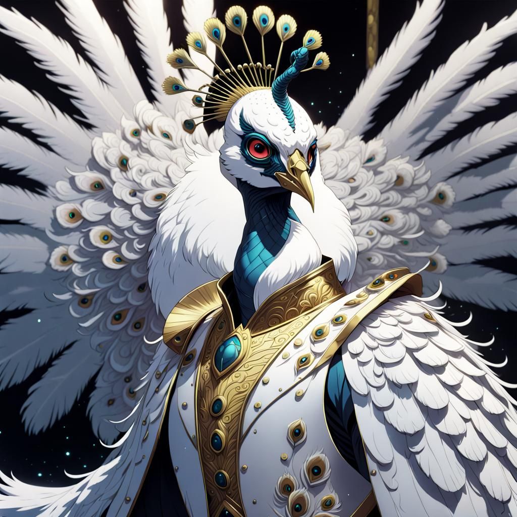 Regal White Peacock in Anime-Inspired Splendor