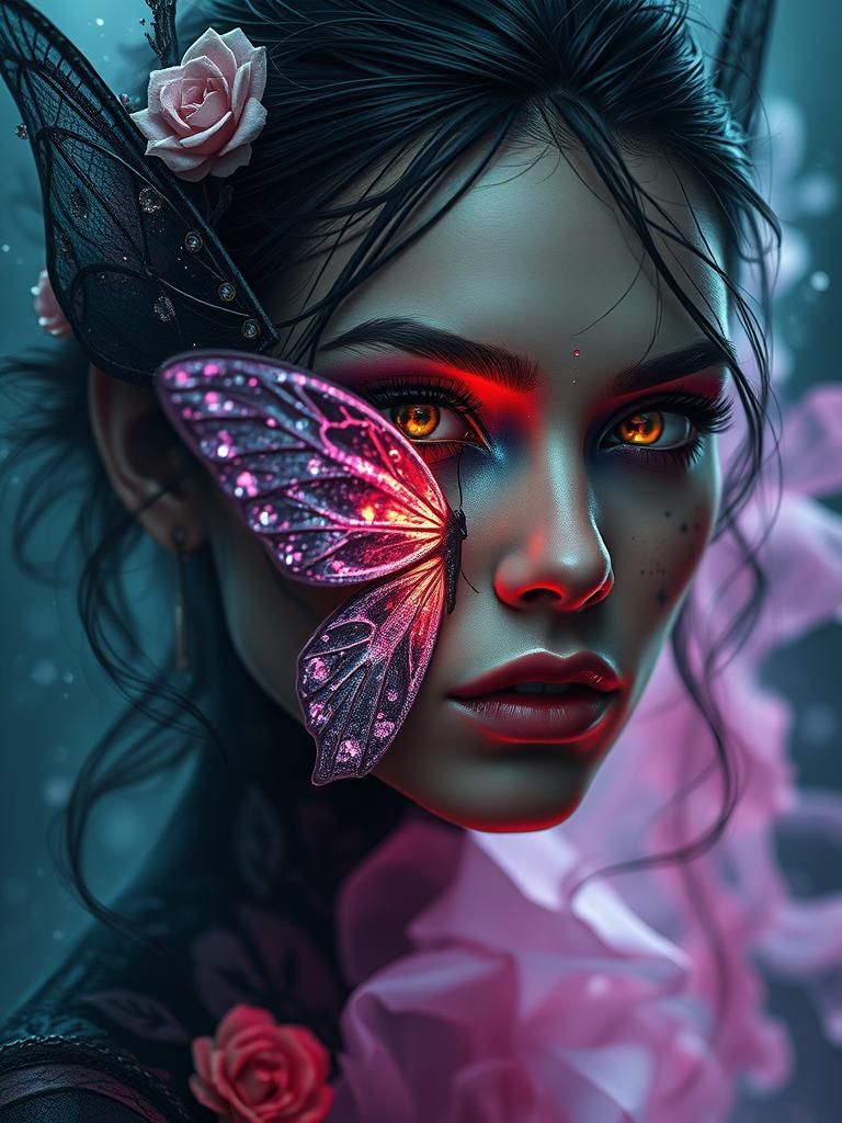 Dark Fairy Woman with Crystal Butterfly, Digital Art