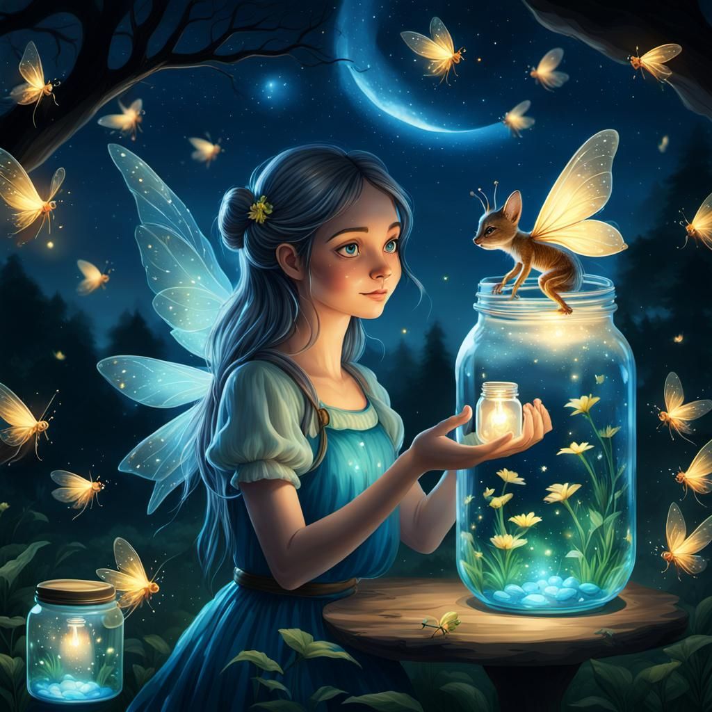 Magical Fairy in a Jar, Hyperrealistic Glade Scene