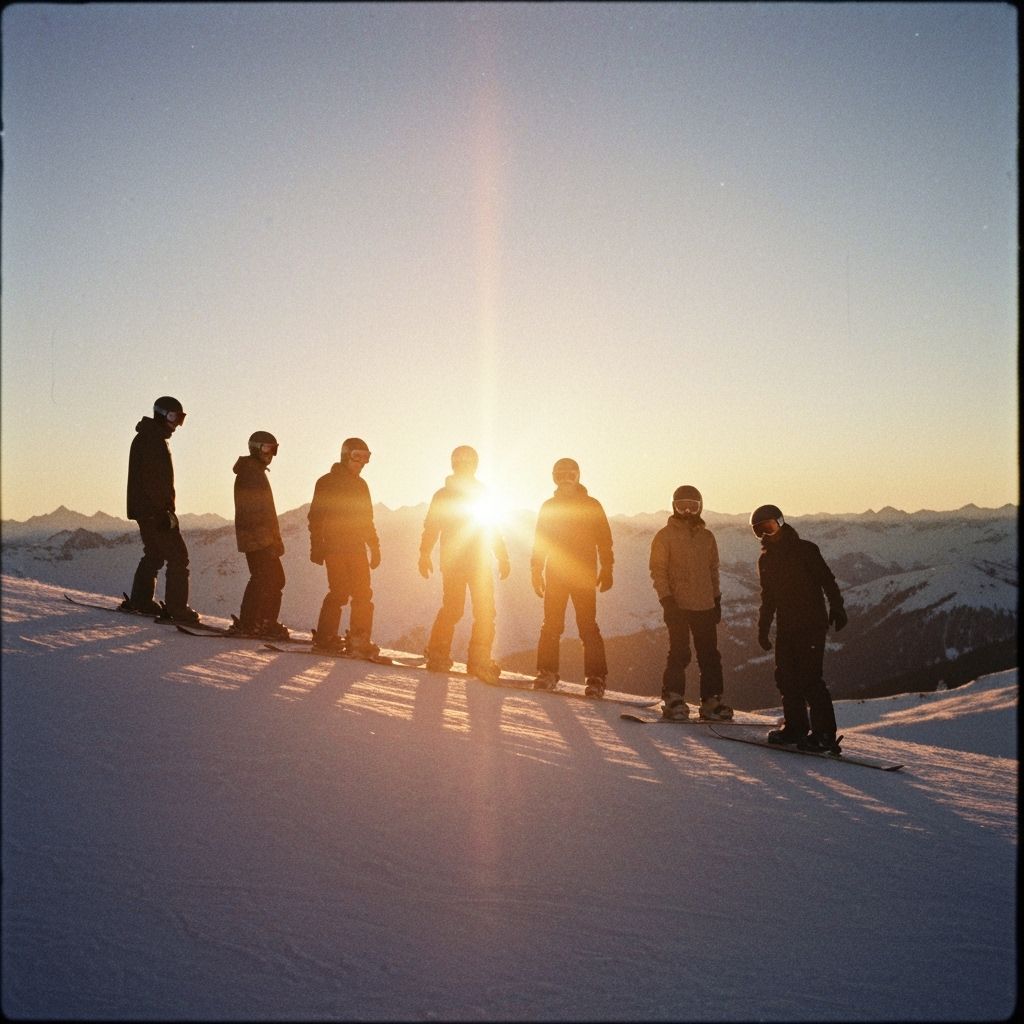 Snowboarders Silhouetted at Sunset in 1970s Style