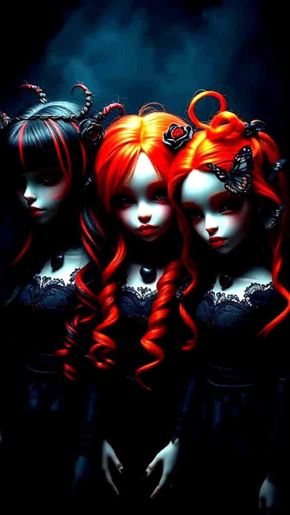 Three gothic dolls with intricate lace, dark aesthetics, & u...