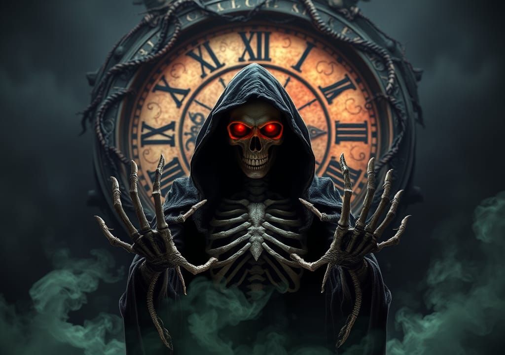 Grim Reaper Confronts Viewer Before Twisted Clock