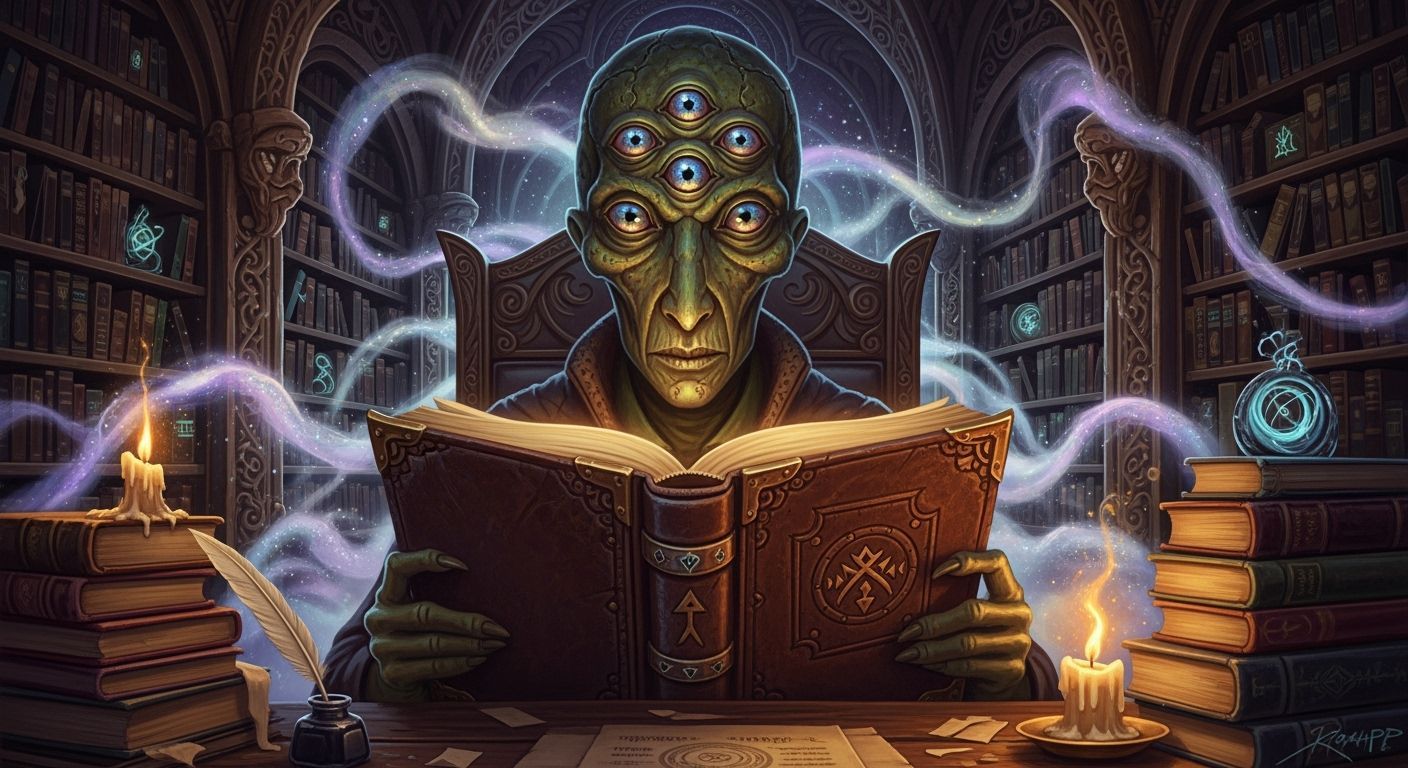 Cryptid Librarian Reading in Hidden Library